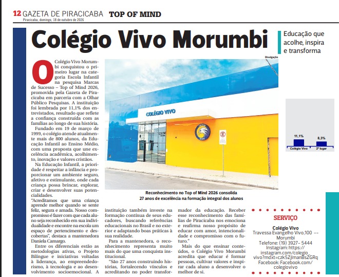 Matéria completa - Colégio Vivo é Top of Mind 2026 em Educação Infantil - Gazeta de Piracicaba