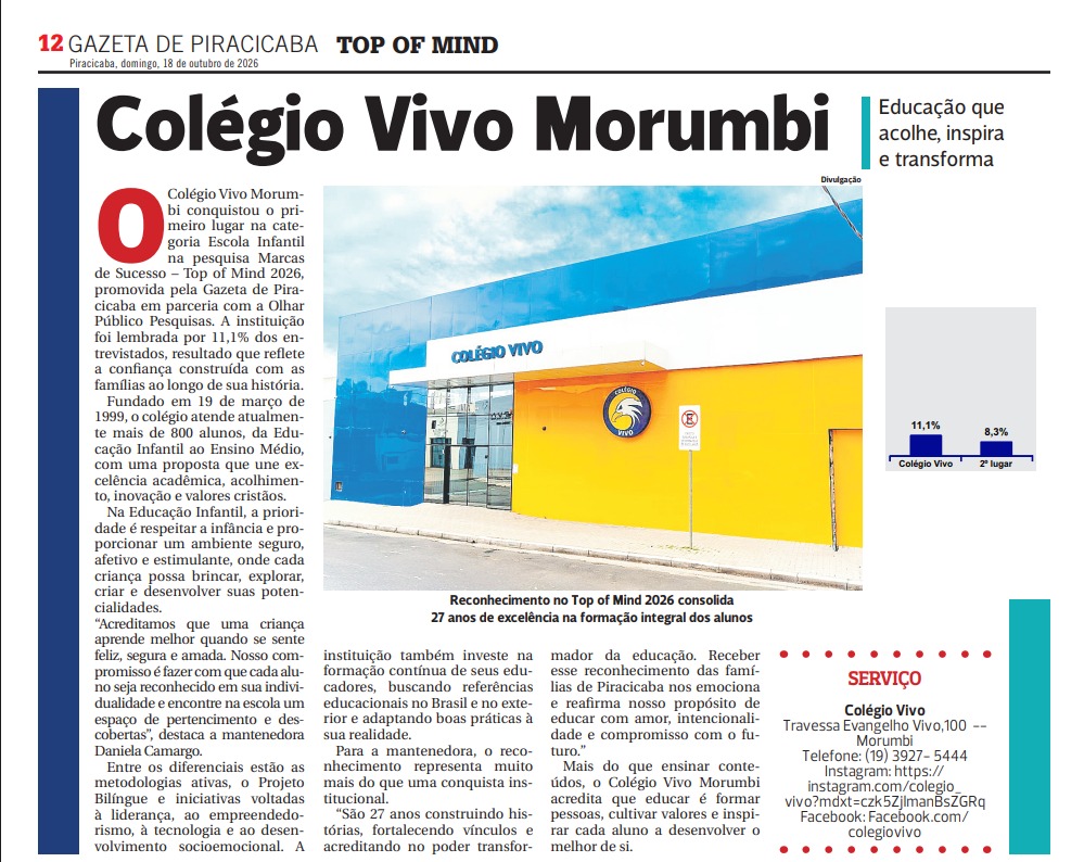 Matéria completa - Colégio Vivo é Top of Mind 2026 em Educação Infantil - Gazeta de Piracicaba